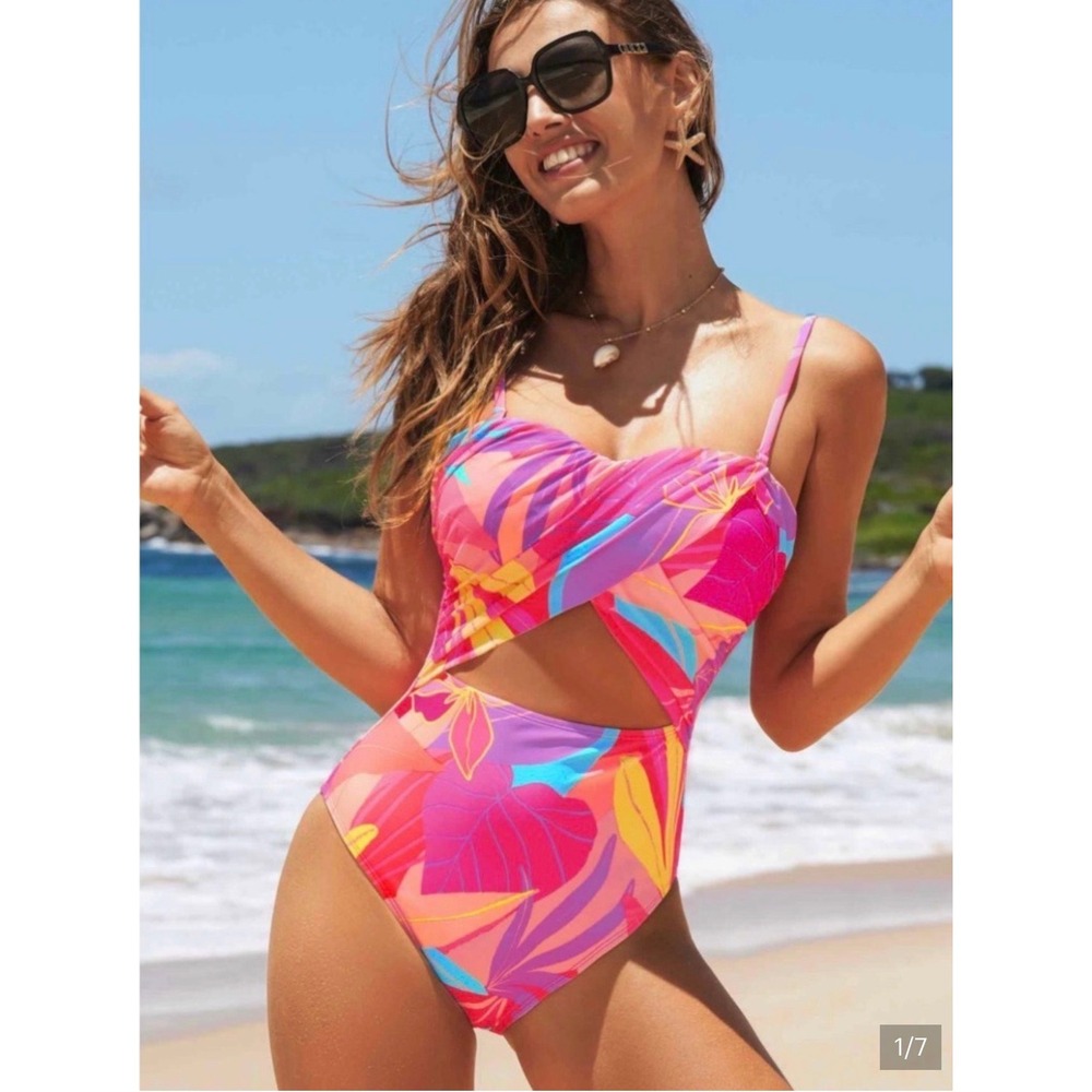 Cupshe Women Tropical Floral Cutout One Piece Swimsuit Pink Orange M